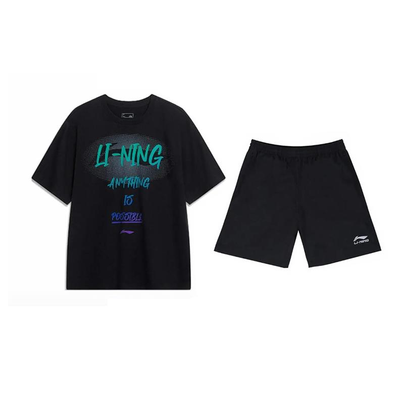 Li Ning Logo Letter Print Round Neck Pullover Short Sleeve T-Shirt Fashion Retro Trendy Versatile Shorts Casual Sports Suit AHSU803-2+YKSV147-2