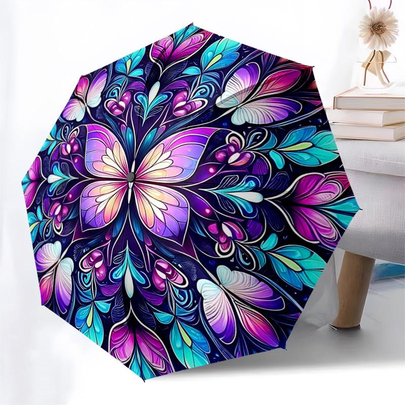 

1pc Automatic Folding Umbrella with Butterfly Mandala Design - Portable 3-Fold Design, 8-Bone Iron Frame Outdoor Umbrella, Perfect Gift for Fans, Trav