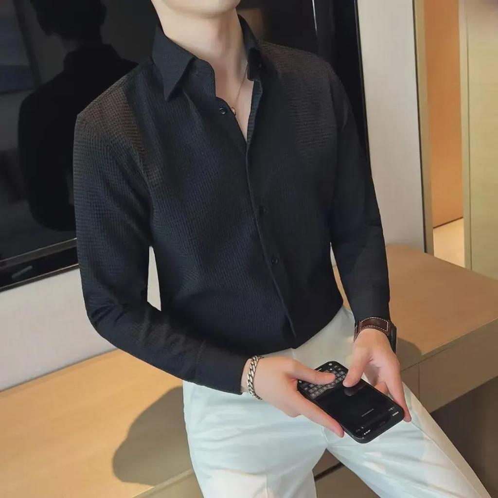 "Men's Long Sleeve High-End Waffle Shirt - French Business Fashion for Spring & Autumn"