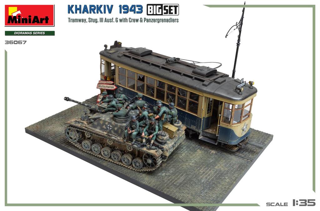 Miniart 1/35 Scale Kharkov 1943 Tram & Stug III Ausf. G with Crew Big Set Plastic Model Kit MA36067 (Scenery)