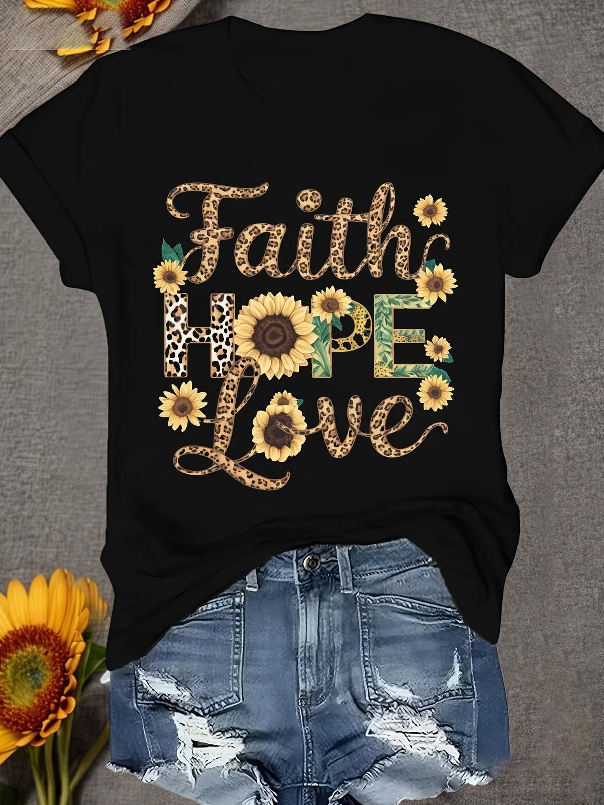 Christian Casual T-Shirt Women s Faith Hope Love Sunflower Heart Graphic Tee XXXL
