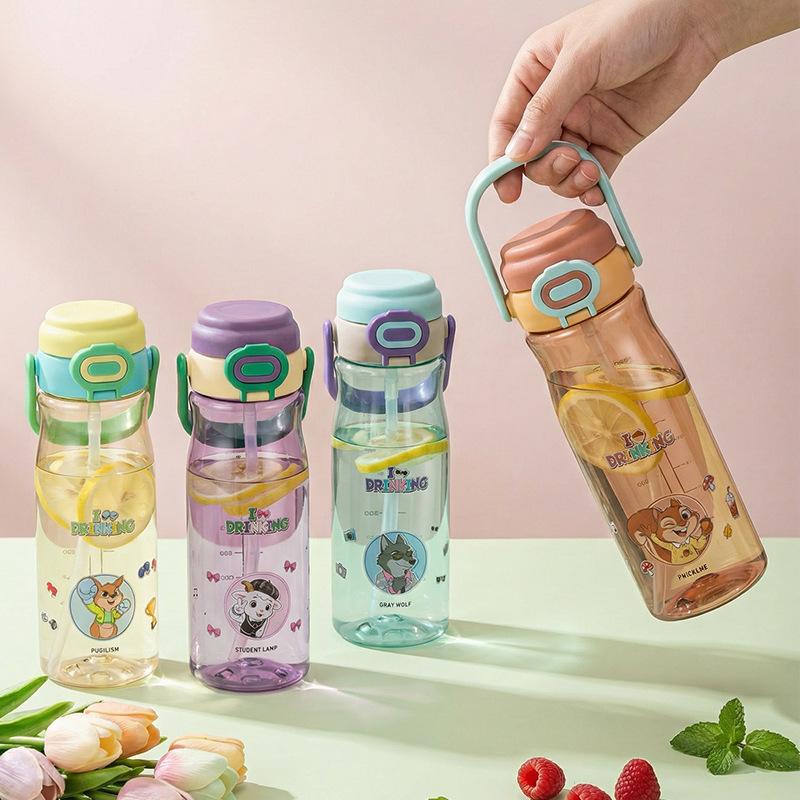 Water bottle new cartoon straw cup with buckle portable handle plastic cup student school cup wholesale