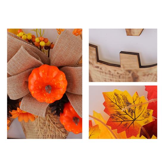 Decorazione Porta di Halloween per Portico Segno di Zucca in Legno con Luci LED, Ghirlanda Floreale Artificiale Ornamento Rustico da Fattoria Decorazioni Autunnali Finestra