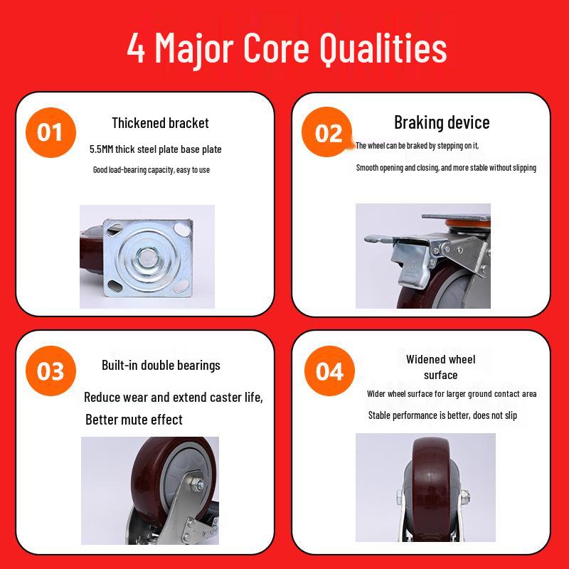 Heavy-Duty Silent Hand Truck Wheels - 4/5/6/8 Inch Double Ball Bearing, Wear-Resistant, Dark Red