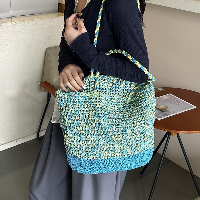 Contrasting Color Woven Bag Women's New High-end Seaside Vacation Beach Bag Large-capacity Shoulder Tote Bag