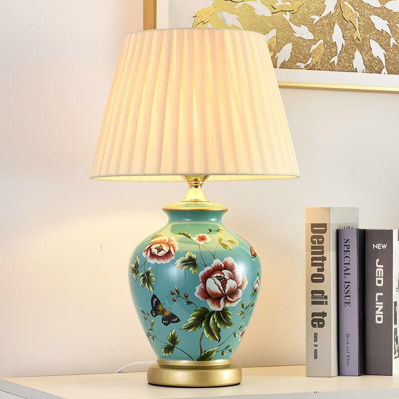 Retro American-Chinese Ceramic Table Lamp with Remote Control for Bedroom or Living Room