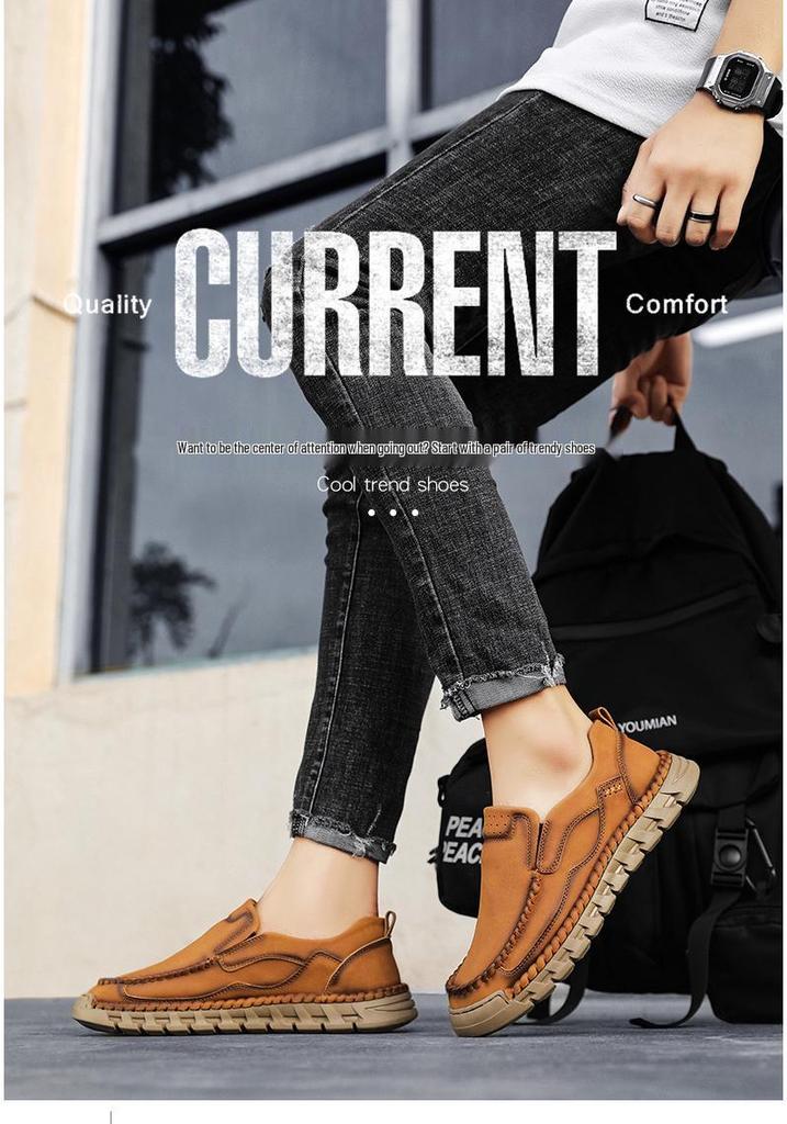 Men's Spring/Autumn Fashionable Slip-On Leather Shoes, Hand-Stitched, Large Size Casual Low-Top.