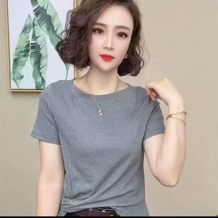 Women's summer casual loose irregular design short sleeved T-shirt solid color simple commuting top