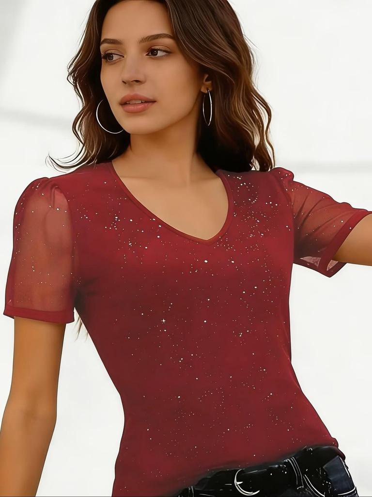 2026 Summer Elegant Women's Solid Color Mesh Short Sleeve Top