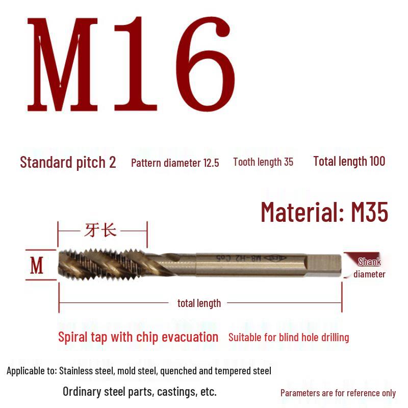 Cobalt Tapping & Threading Tools for Spiral Taps M3-M12, Stainless Steel