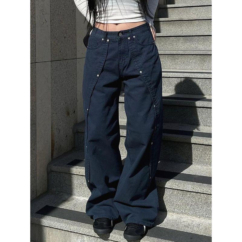 

Plus Size American Retro Rivet Patchwork Design Split Denim Female Fall Loose Casual Straight-Leg Wide-Leg Pants Navy Blue S [Recommendation 40-47.5kg]