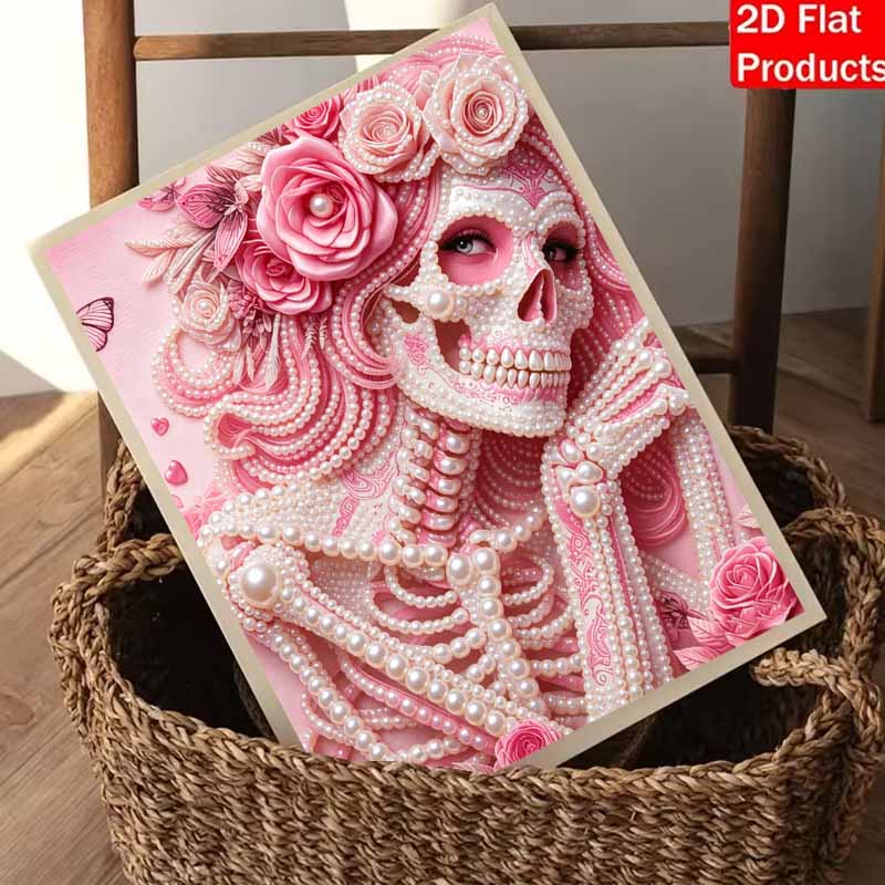 Halloween pink pearl skull floral painting art full pearl handmade diy home decorations