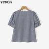 VONDA Summer Women Square Collar Plaid Lace Hem Patchwork Puff Sleeve T-shirts