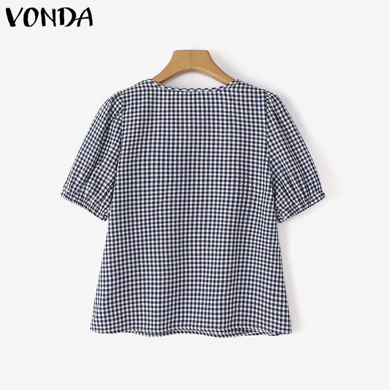 VONDA Summer Women Square Collar Plaid Lace Hem Patchwork Puff Sleeve T-shirts
