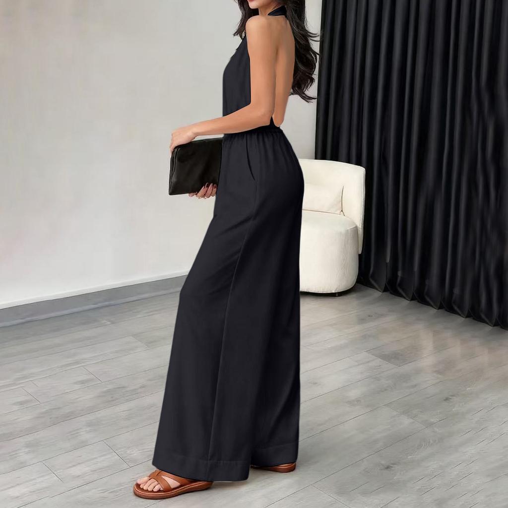 Women Sleeveless V Neck Halter Neck Jumpsuit Wide Leg Elastic Waist Casual One Piece Romper