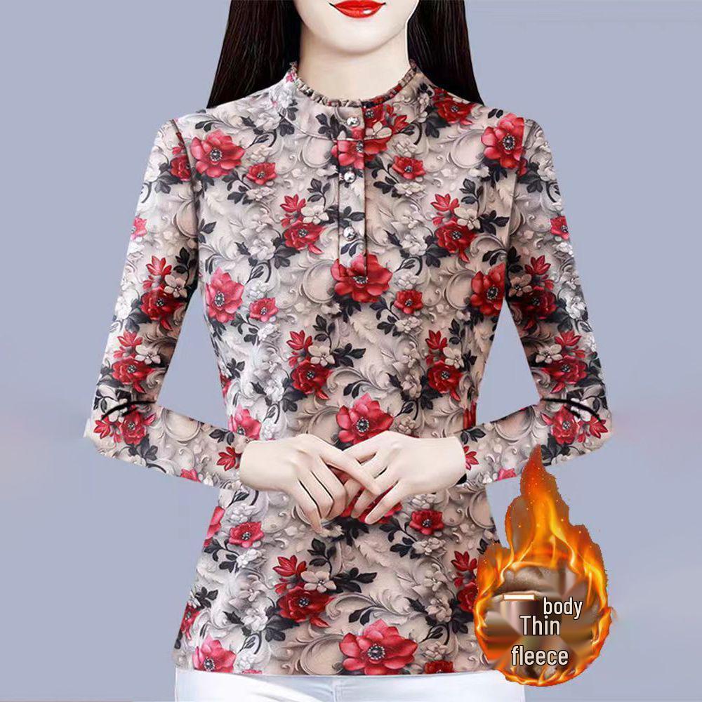 Neues Blumen-Stehkragen-Knopf-Oberteil - Fleecefutter Langarm für Frauen mittleren und höheren Alters, perfekt für Herbst/Winter
