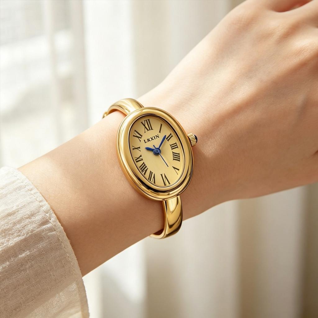 LKXIN Women Oval Watch Alloy Roman Numeral Dial Blue Crown Minimal Elegant Wristwatch Luxury Gift