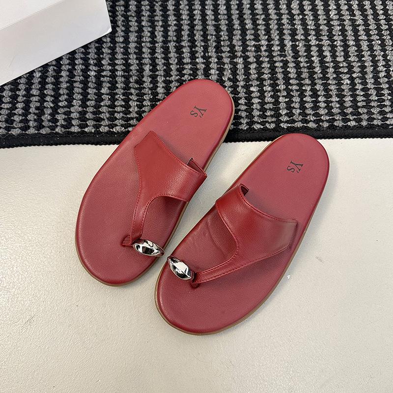 

Literary and artistic style retro flip-flops flat-bottomed slippers for women s summer wear 2025 new high-end cover toe cool slippers 40 бордовый