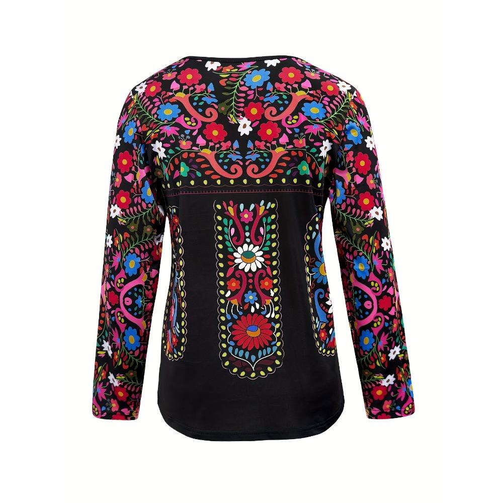 Retro ethnic style print women's casual v-neck long-sleeved T-shirt
