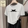 Cotton Breathable Childrens Tshirt Summer New Fun Black Cat Peeping Print Casual Parentchild Outfit for Boys and Girls
