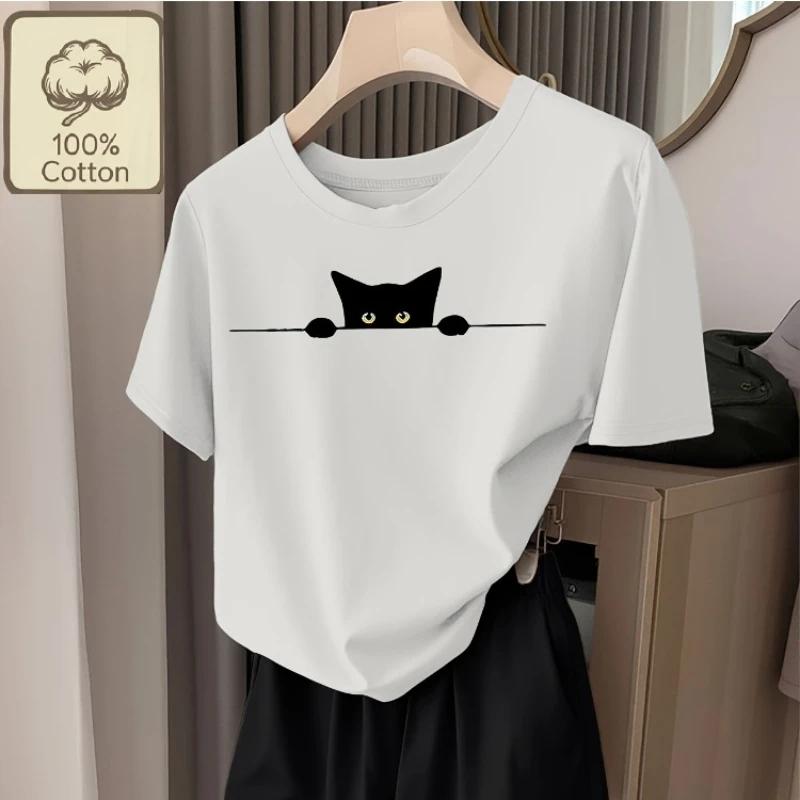 Cotton Breathable Childrens Tshirt 2026 Summer New Fun Black Cat Peeping Print Casual Parentchild Outfit for Boys and Girls S
