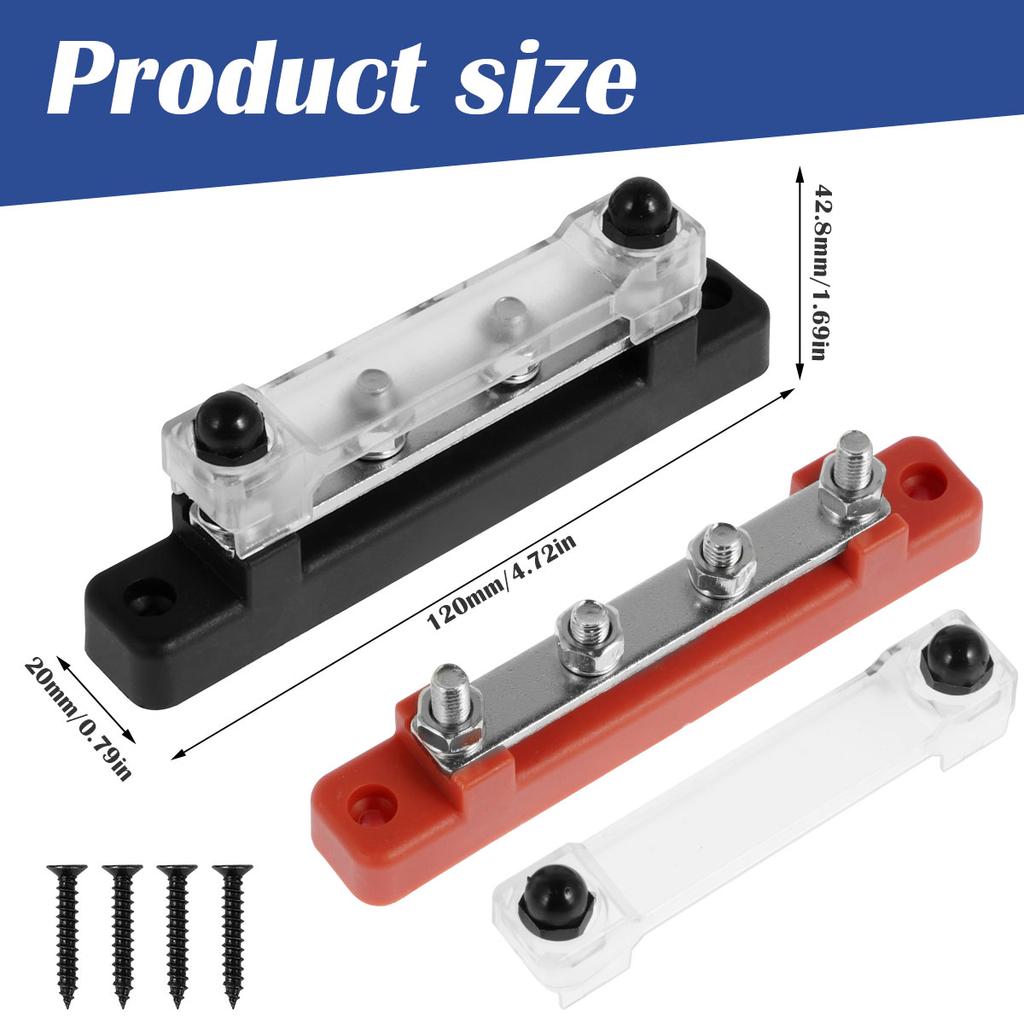 150A 48V M6 Bus Bar Terminal Battery Power Distribution Block with Cover 4Way Terminal Block Positive Negative for Boat RV Truck