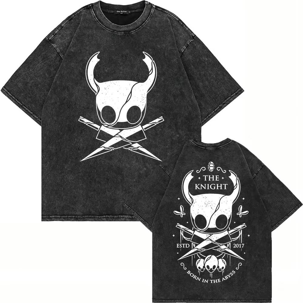 Cotton Vintage Washed Hollow Knight Silksong Sherma T Shirt Fashion Men Women Anime Oversize Loose Acid Wash Tees Shirts
