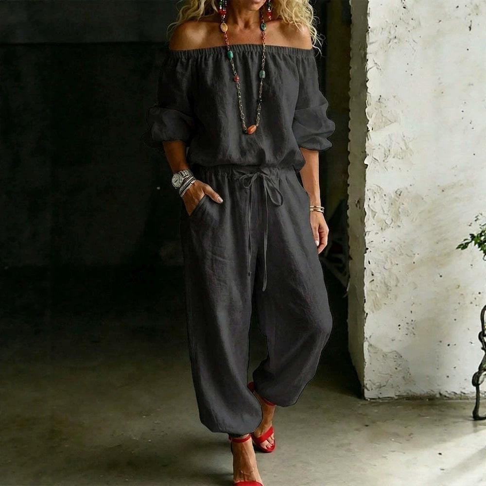 Completo da relax da donna a spalle scoperte con maniche lunghe, pantaloni a gamba larga con coulisse casual, completo bicolore tinta unita