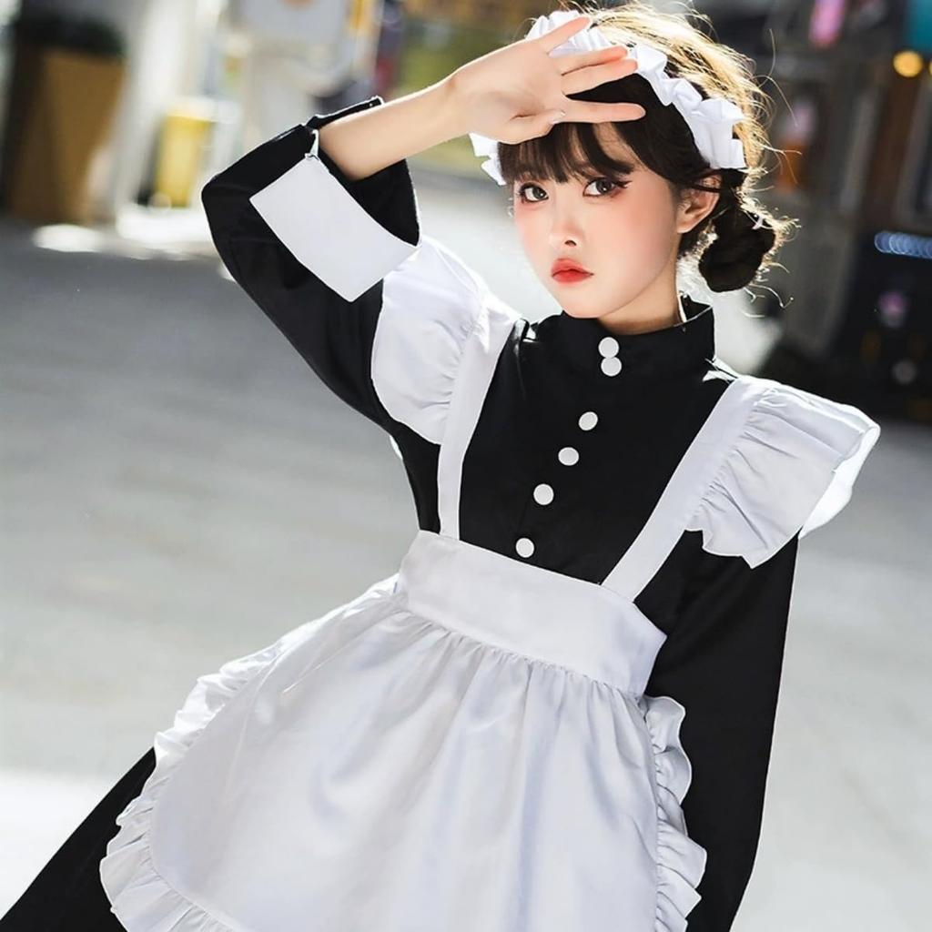 SEXYTINE Maid British Long Black and Sexy Lolita and Long School Festival Performance Popular Outfit, Style, Sleeve, White, Cosplay, 3-Piece Dress,