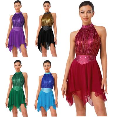 Womens Lyrical Dance Dress Ruched Metallic Mesh Rhinestone Detail Irregular Hem Sleeveless Backless Built In Briefs Leotard