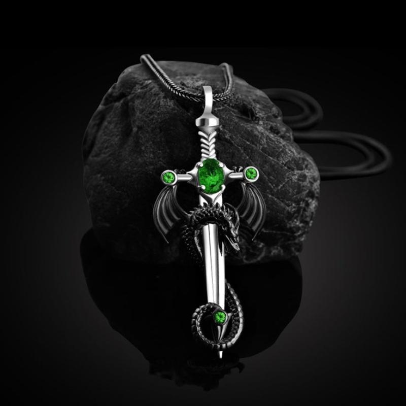 Vintage Gothic Warrior Dragon with Ruby/Sapphire/Emerald Sword Pendant Necklace