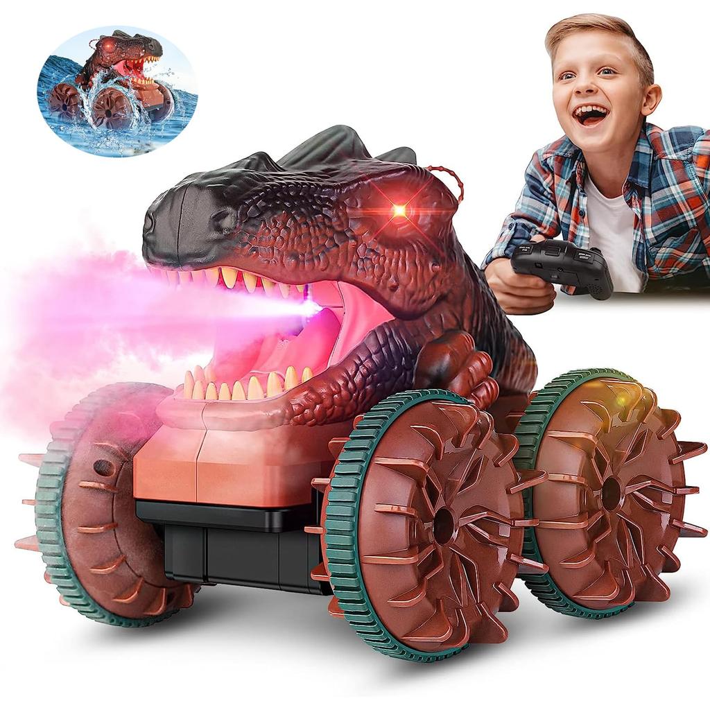 ROBOT PLAZA Dinosaur RC Car, Amphibious, Smoke-Speeding, Spraying Function, 4-Wheel Drive, Kids Toy, Birthday Gift for Boys and Elementary School