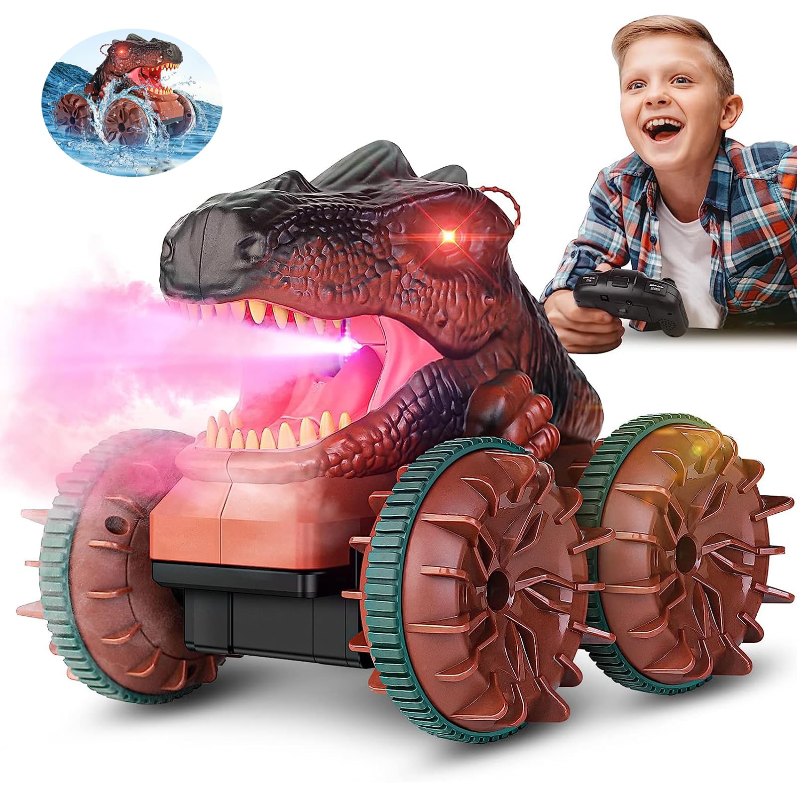 

ROBOT PLAZA Dinosaur RC Car, Amphibious, Smoke-Speeding, Spraying Function, 4-Wheel Drive, Kids Toy, Birthday Gift for Boys and Elementary School