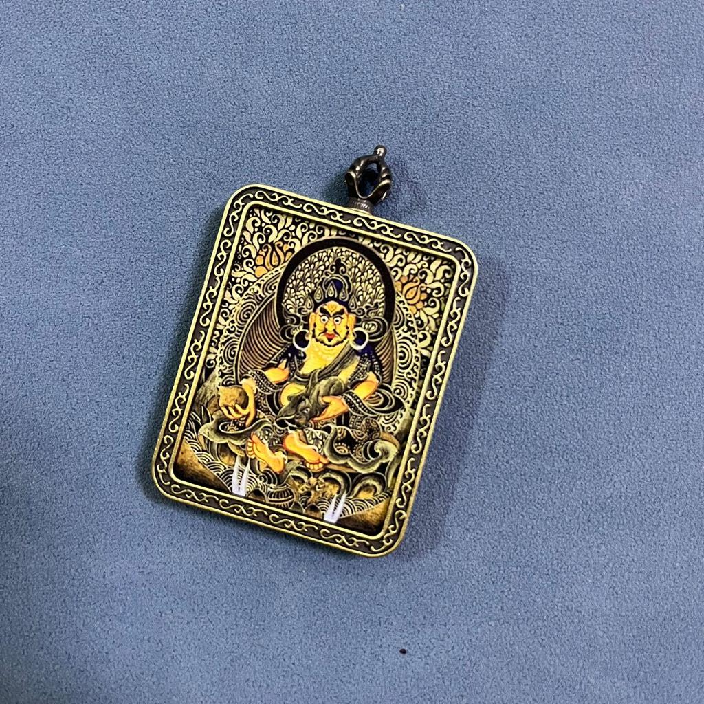 Yellow Jambhala Hand-Painted Thangka Pendant - Artistic Wealth-Attracting Souvenir