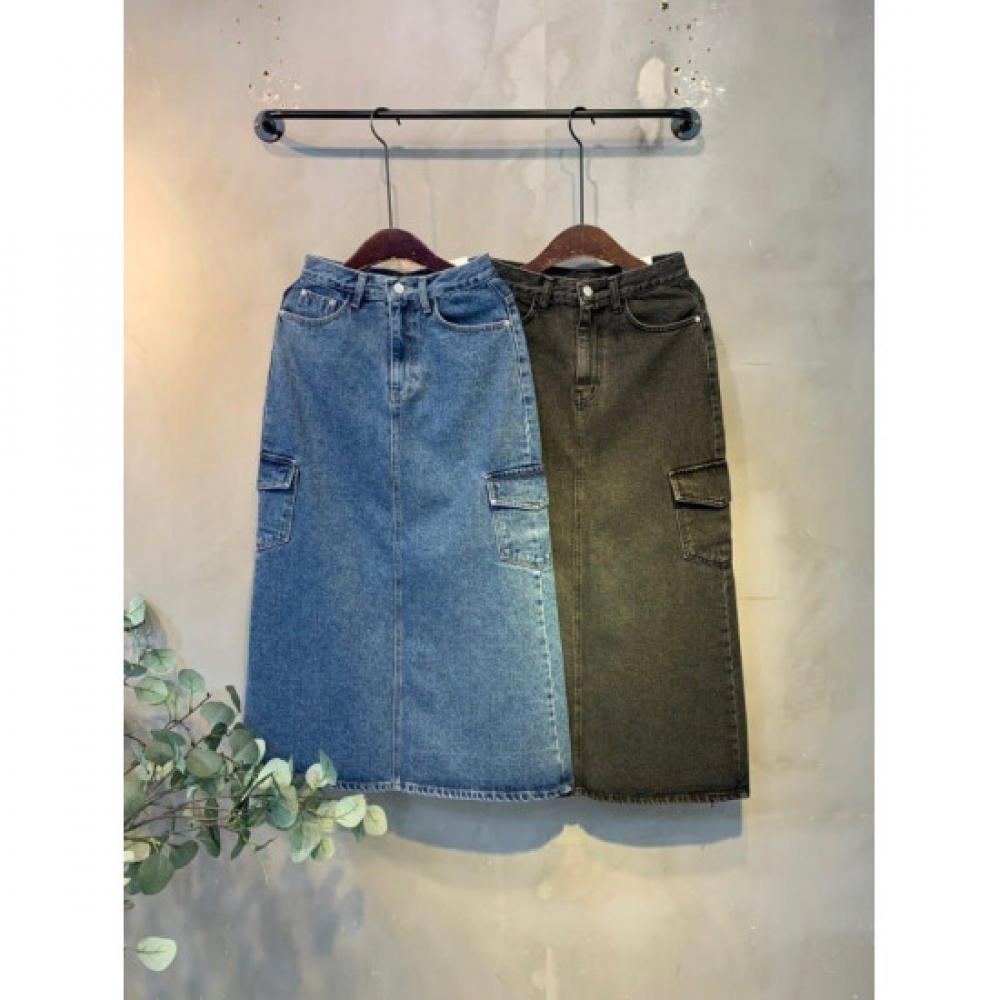 C S In The Room CArgo poCket bACk Slit Semi A lIne Denim Long Skirt 2Color