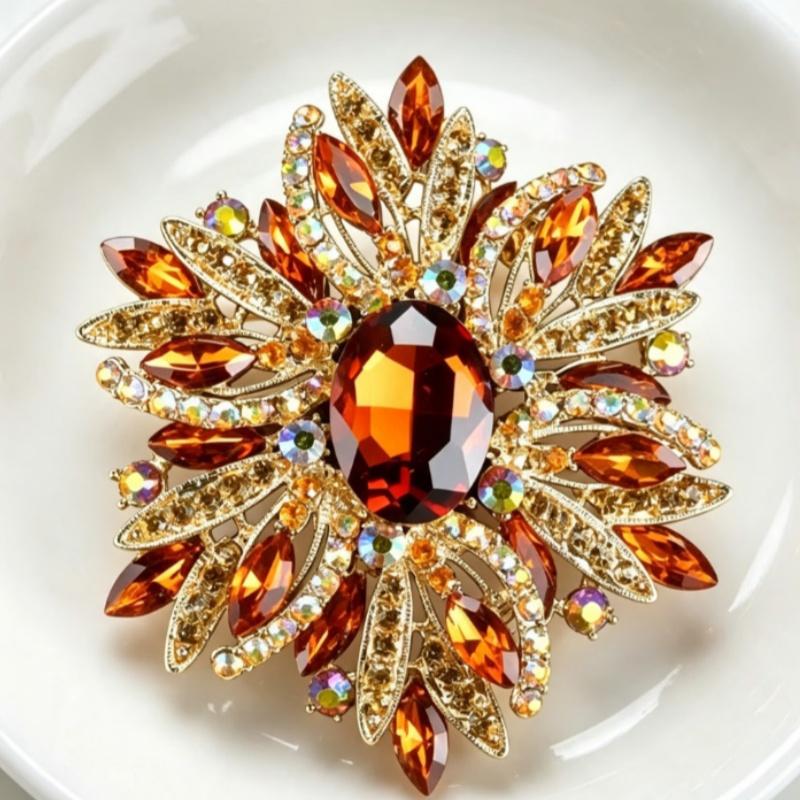 Multicolor Rhinestone Flower Brooch Shiny Crystals Gold Plated Frame For Wedding Party Formal Outfit Accessories