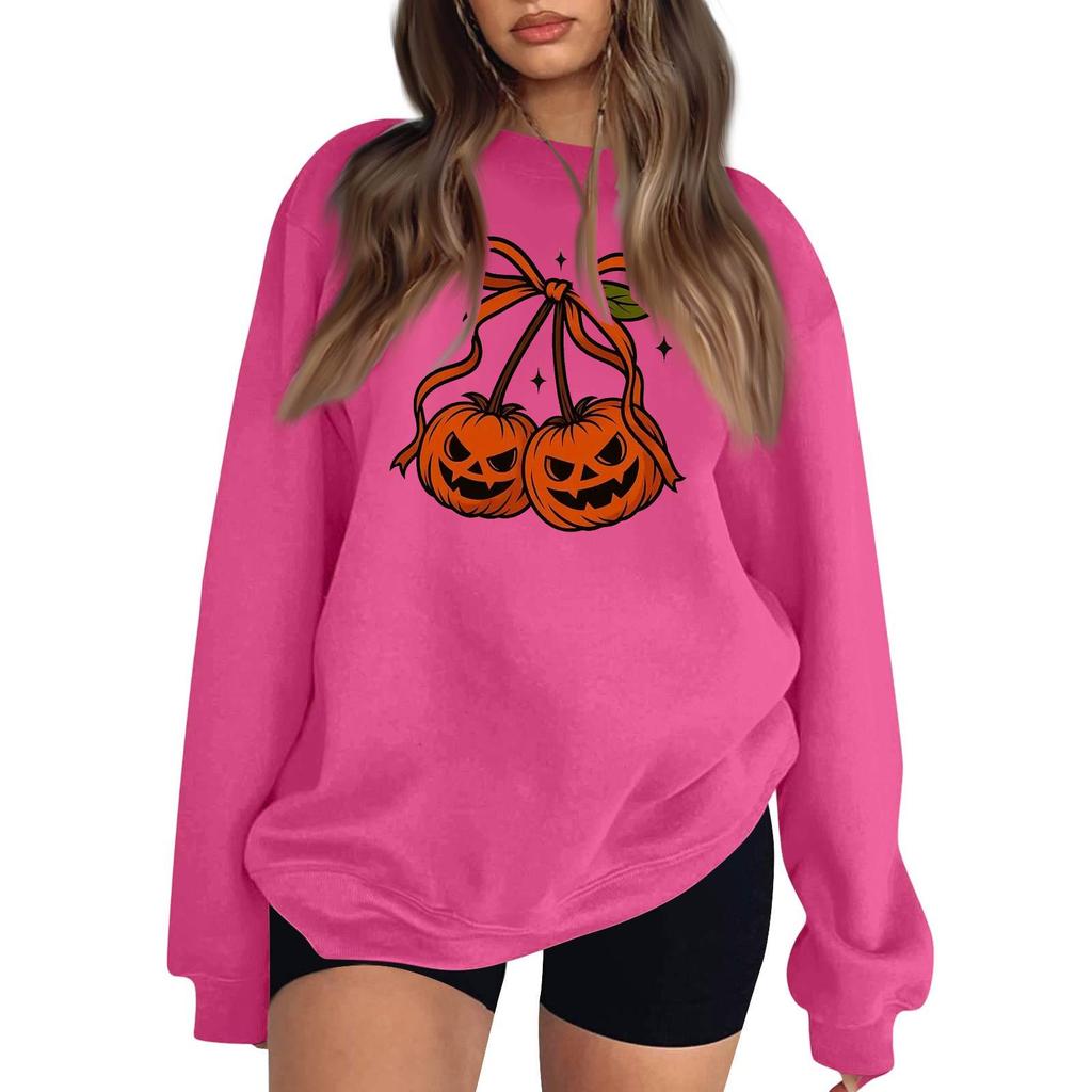 Women's Long Sleeve Neck Sweatshirt Loose Fit Casual Pullover Top with Small Halloween Print
