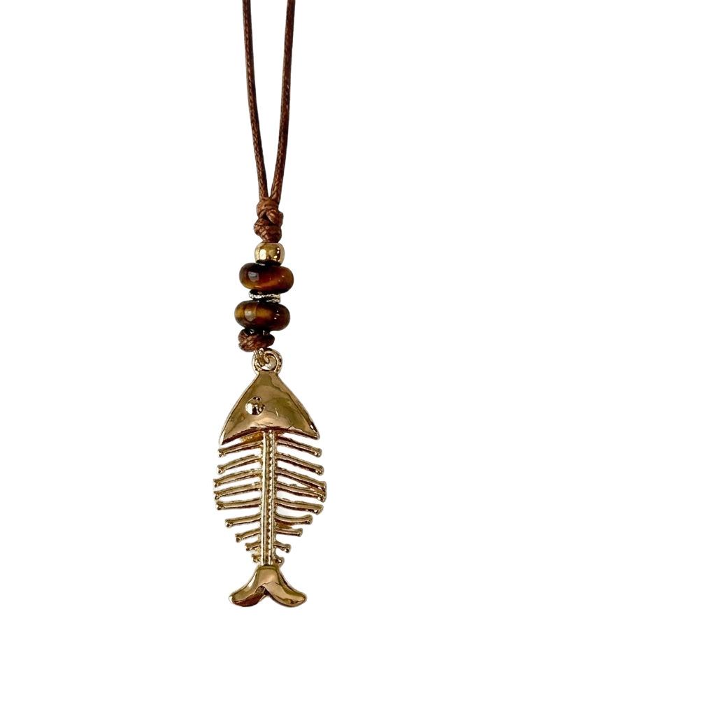 autumn and winter new sweater chain, niche design black wax rope pull adjustment necklace, fish bone love safety buckle long chain