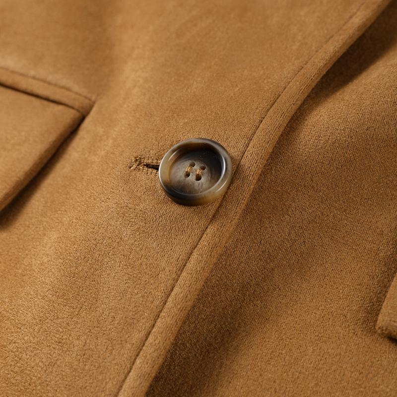 Dámská semišová bunda s klopovým límcem, jednoradové zapínání, khaki, s dlouhým rukávem, sako, módní na dojíždění, větruodolná, teplá bunda, podzim 2025