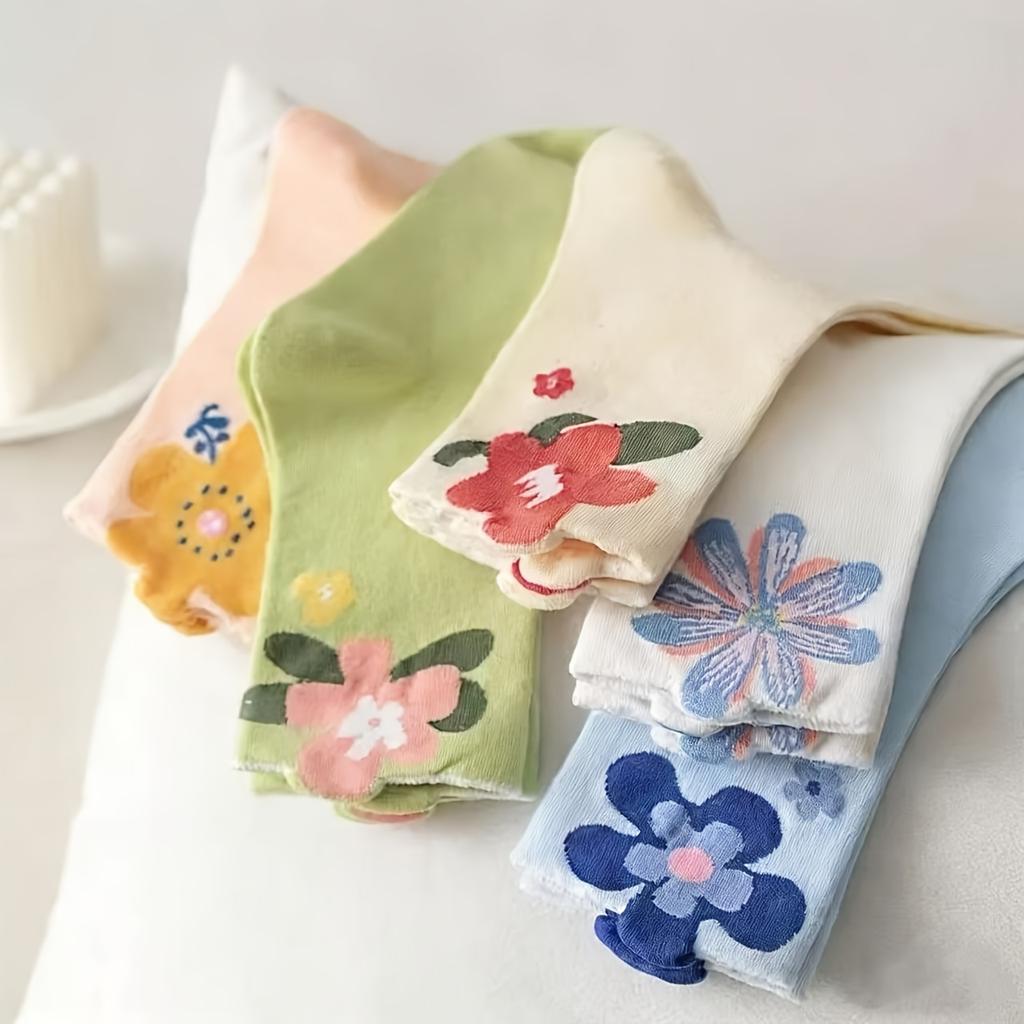 5 Pairs Women's Korean Style Long Socks, Cute Japanese Aesthetic Mid-Calf Socks, Colorful Floral Pattern