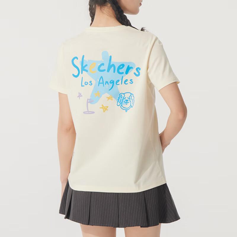 Skechers Fashion Sports Series Comfortable Round Neck Pullover Short Sleeve T-Shirt Women Tops Cream Off-White P225W303-00NA