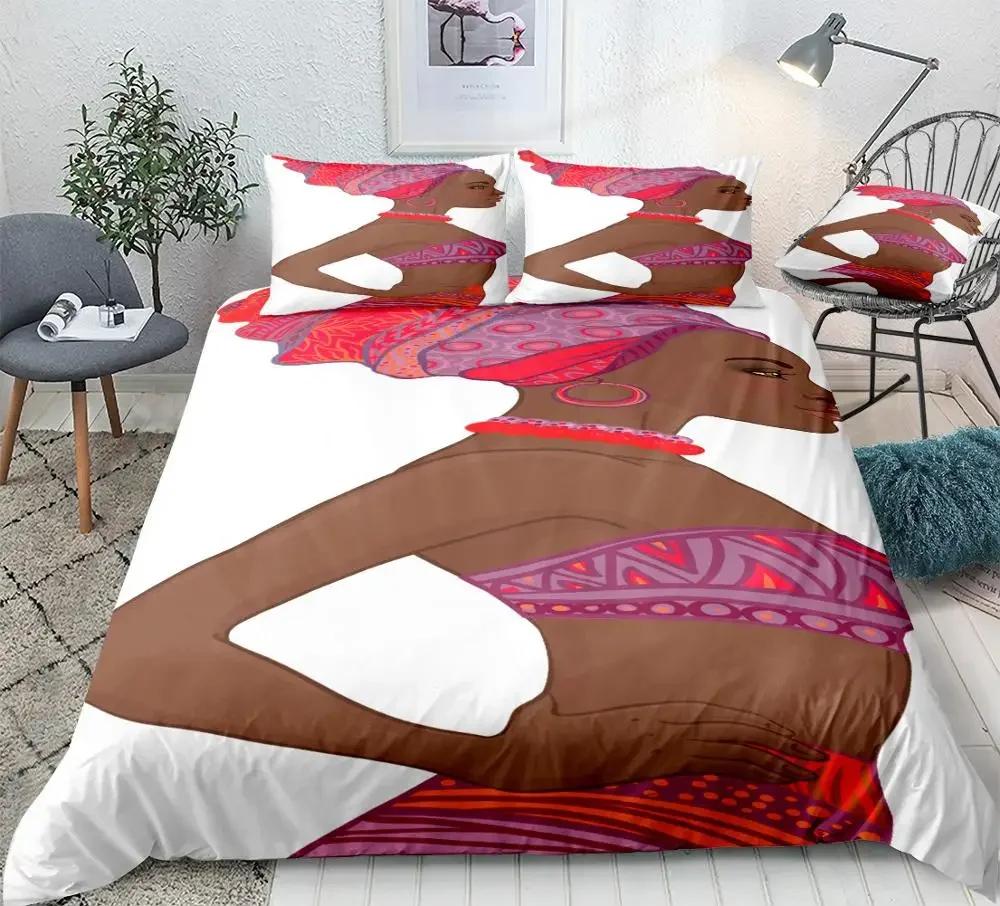 Afrikanische Frau King Queen Bettbezug Retro Exotische Tribal Black Girl Muster Bettwäsche Set Afrika Polyester Quilt Cover Kissenbezug