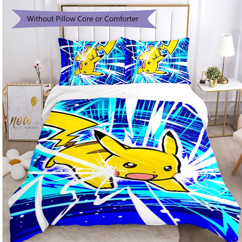 Pokémon Pattern Printed 3PCS Bedding Set, Soft Skin-Friendly Washable Duvet Cover & Pillowcases Set