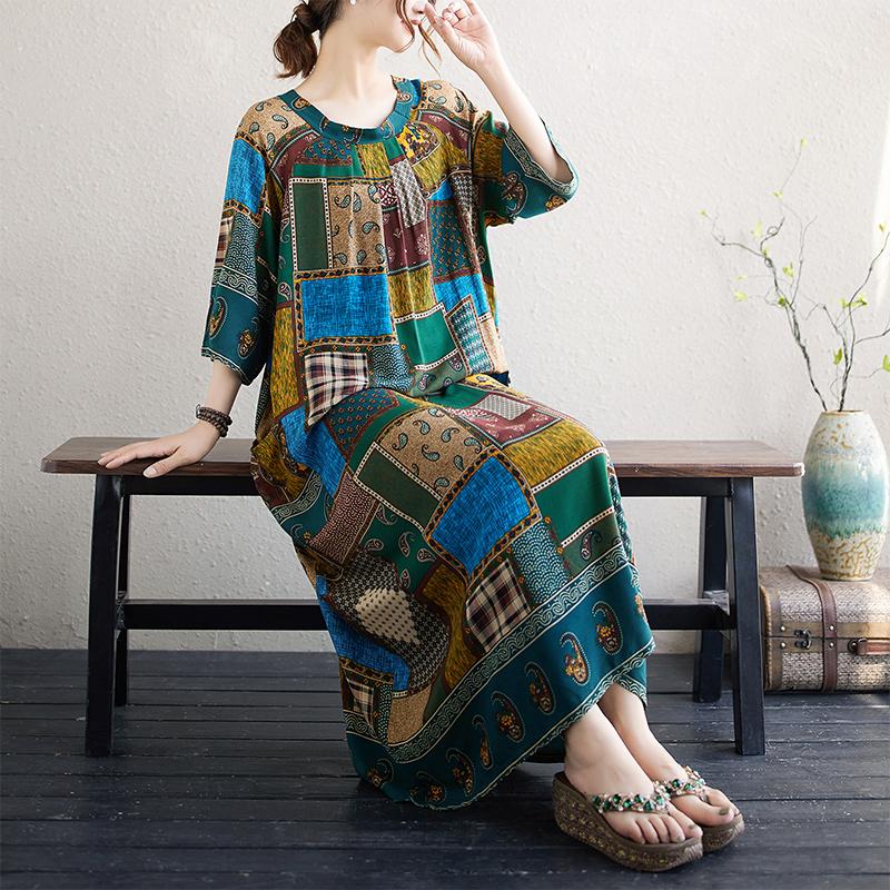 

DIMANAF 2025 Plus Size Dress Women Summer Vintage Printing Long Dress Pockets Casual Cotton Loose Oversized Dress One Size зелёный