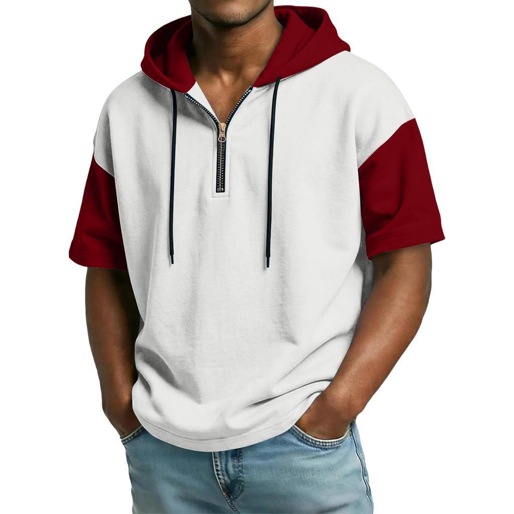 Men's Casual Hooded Zipper Neck Sweatshirt Short Sleeve Top