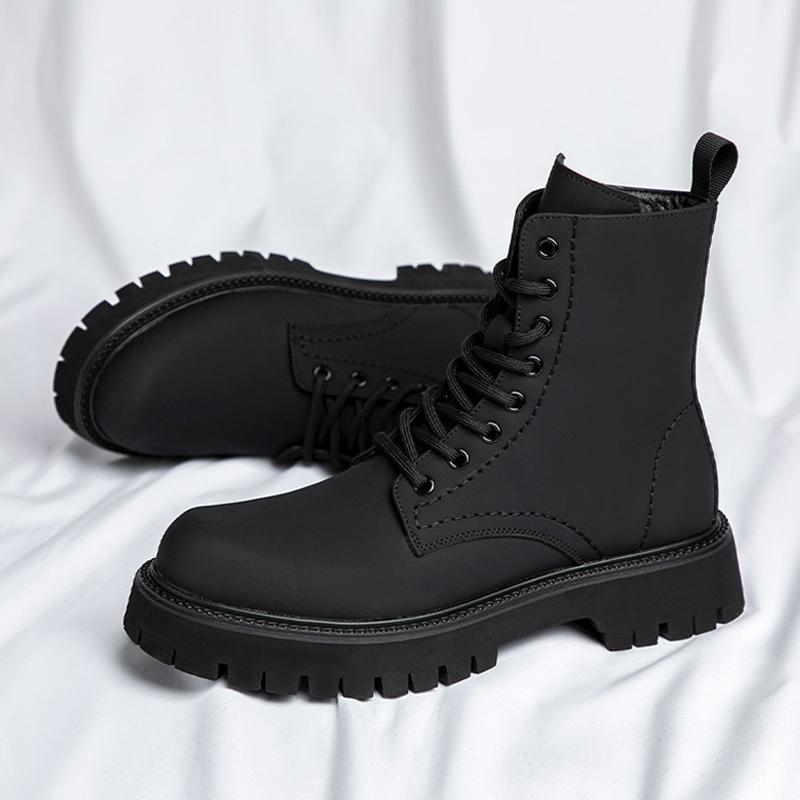 Spring Autumn Shoes Mens Fashion Single Boots Brand Male Ankle Boots Pure Black Non-slip Thick Sole