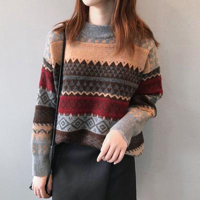 Retro Plus Size Sweater for WomenAutumn and Winter Loose Round Neck Outer Knitted Sweater