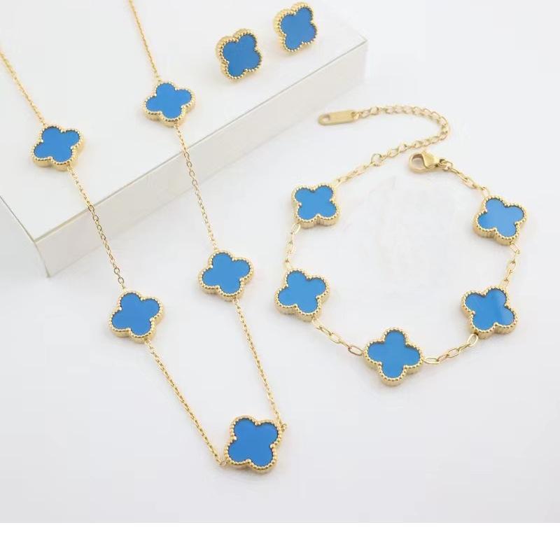 3PCS Versatile Stainless Steel Clover Jewelry Women's Set Necklace Earnail Bracelet Personalized Accessories