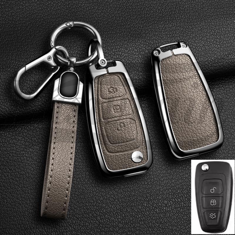 Auto Zinc Alloy Genuine Leather Key Fob Cover Case Mount Fit For Ford Fiesta Iv Focus Galaxy Fusion Mondeo Iv B-Max C-Max S-Max Kuga Ecosport