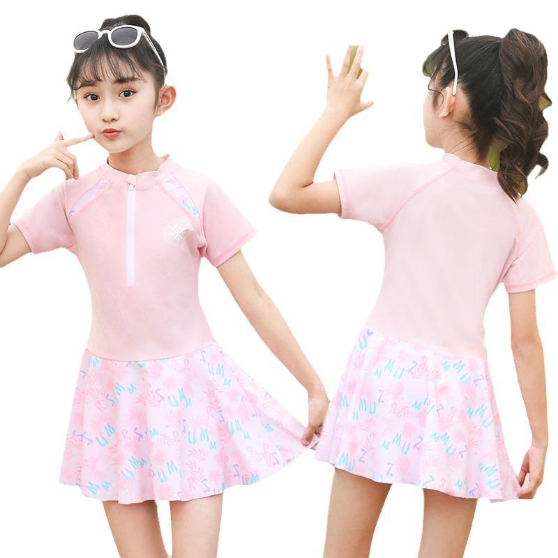 Princess Style Girls' UV Protection Quick-Dry Cute Short-Sleeve Swimsuit Jumpsuit